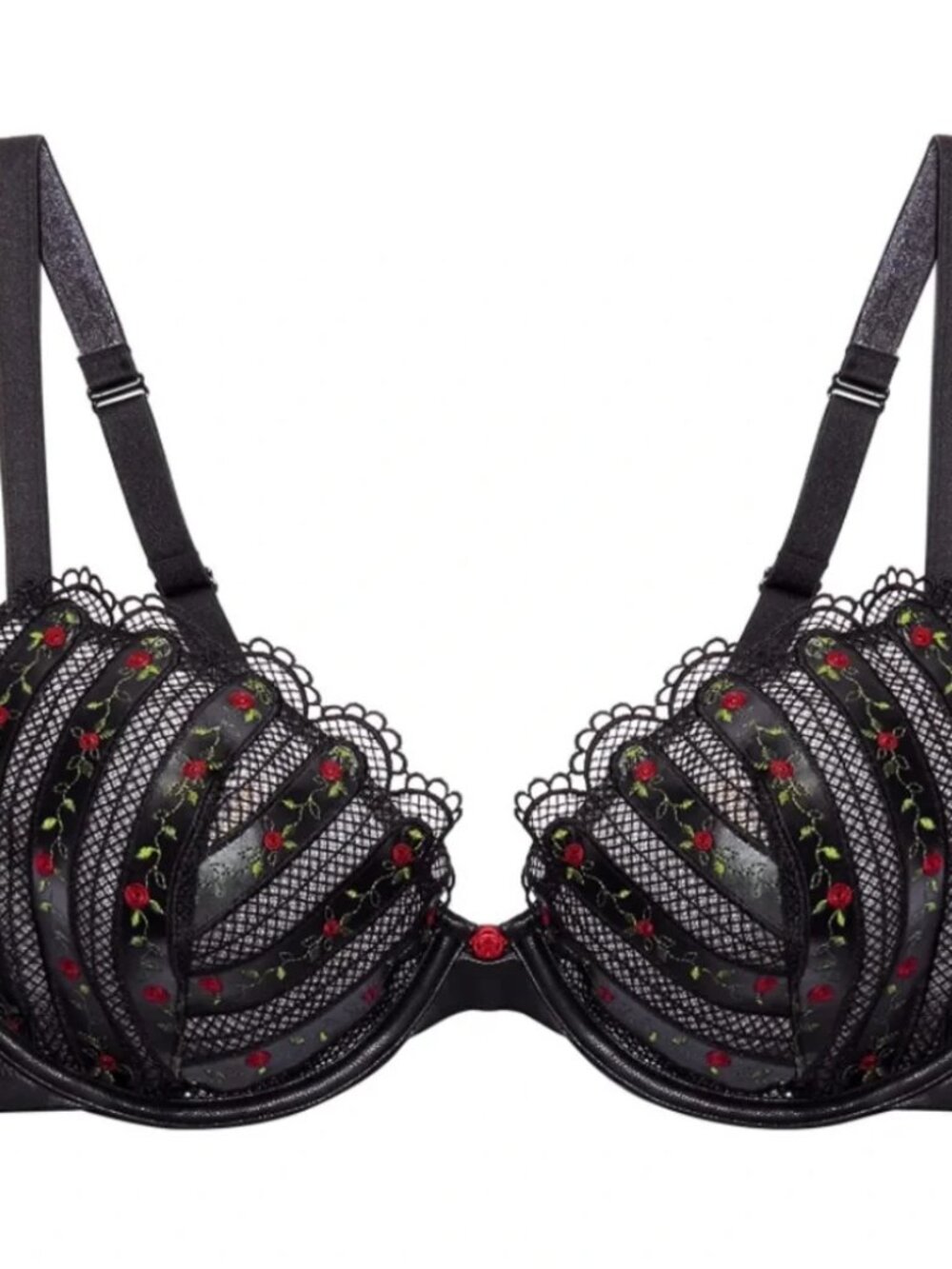 Rihanna Savage x Fenty Black Caviar Bra with Red Floral Roses 36DD
